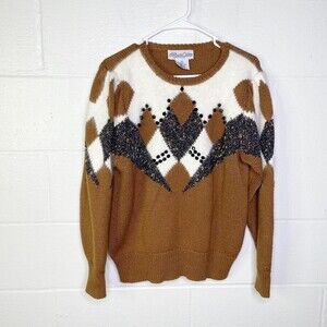 Vtg 90s Sweater Alexa Grace Womens Large Wool Blend Metallic Grandma Core Brown